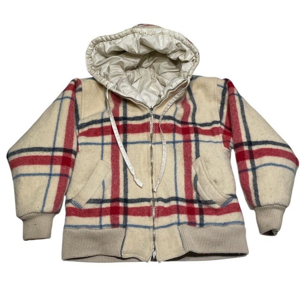 Vintage Bogner Reversible Puffer Jacket Plaid Wool Ivory Hooded Ski Bomber